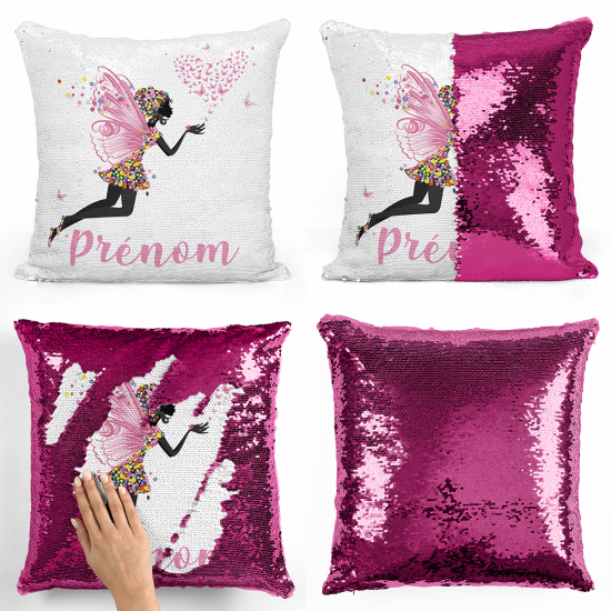 Coussin sequins personnalisé - Fée coeur papillons