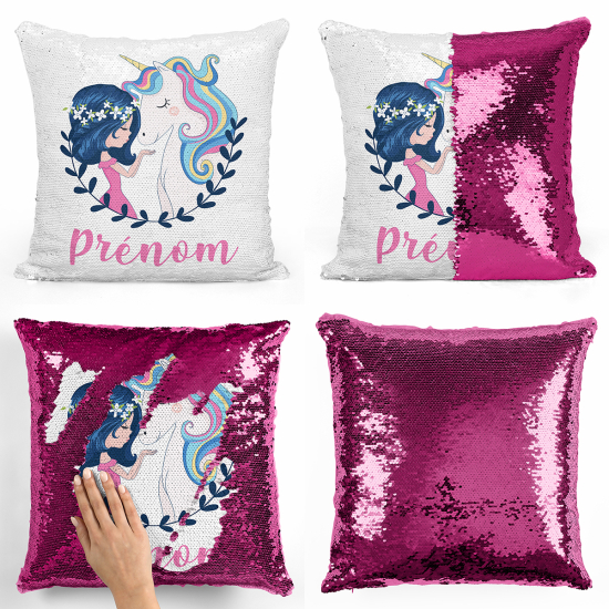 Coussin sequins personnalisé - Fille et licorne