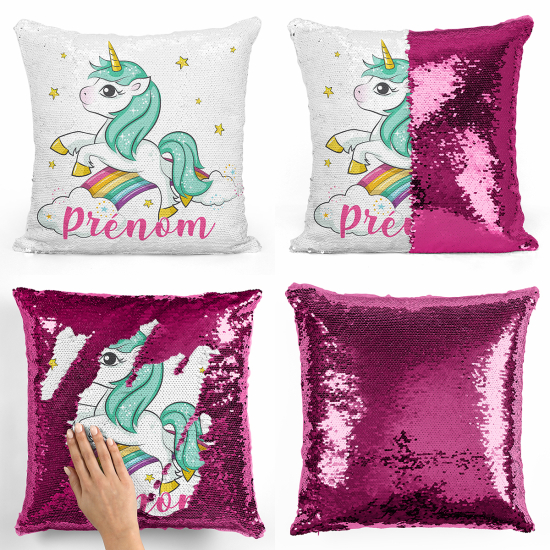 Coussin sequins personnalisé - Licorne arc-en-ciel