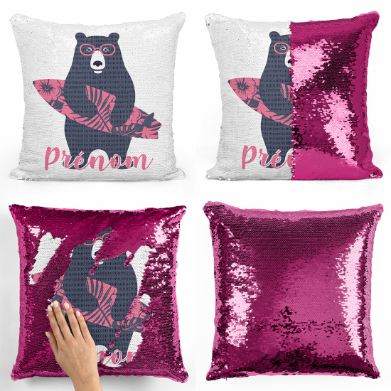 Coussin sequins personnalisé - Ours surfeur