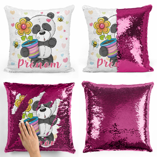 Coussin sequins personnalisé - Panda avec pot de fleur