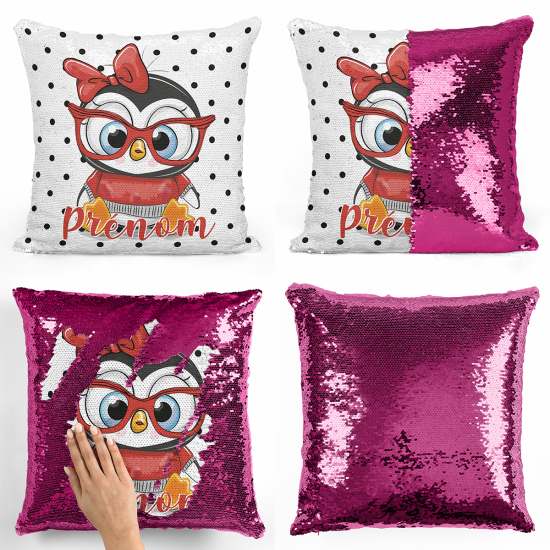 Coussin sequins personnalisé - Pingouin a lunettes