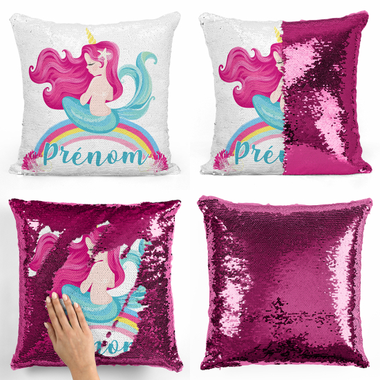 Coussin sequins personnalisé - Sirène arc-en-ciel