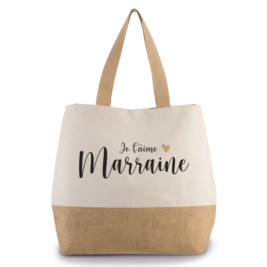 Grand Sac Coton et Jute - Je t'aime marraine