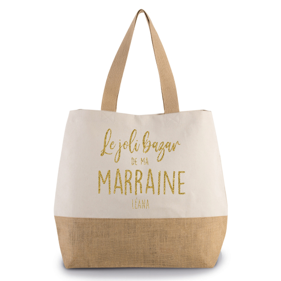 Grand Sac Coton et Jute - Le joli bazar de ma marraine Prénom