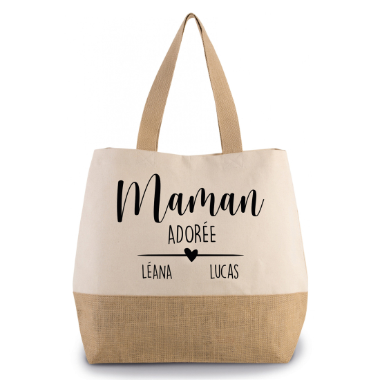 Grand Sac Coton et Jute - Maman adorée Prénom