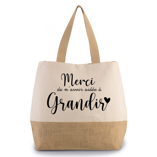 Grand Sac Coton et Jute - Merci de m'avoir aidée à grandir