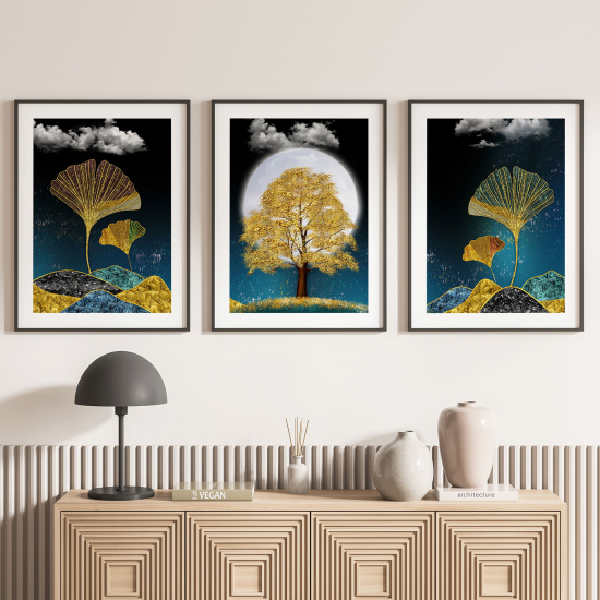 Lot de 3 Affiches / Posters Triptyque - Arbre Feuilles