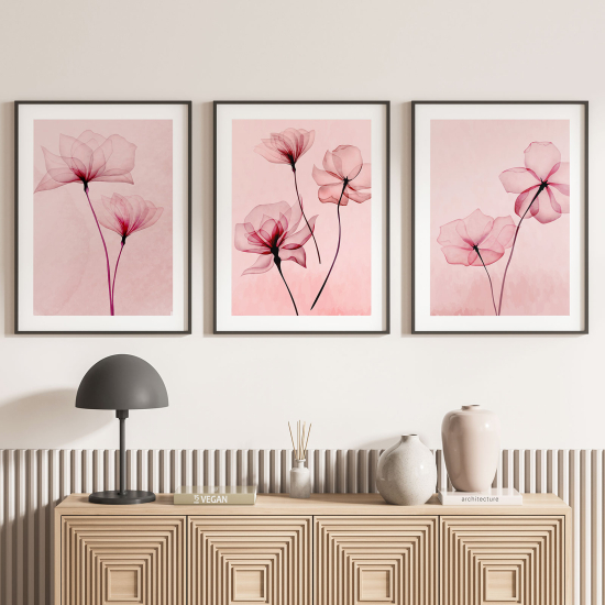 Lot de 3 Affiches / Posters Triptyque - Fleurs roses