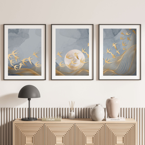 Lot de 3 Affiches / Posters Triptyque - Oiseaux lune