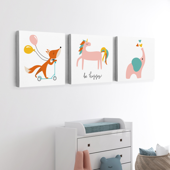 Lot de 3 Tableaux sur toile Triptyque Enfants - Animaux