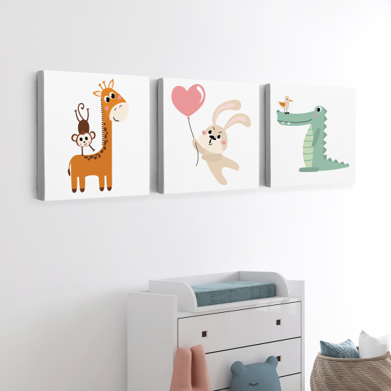 Lot de 3 Tableaux sur toile Triptyque Enfants - Animaux