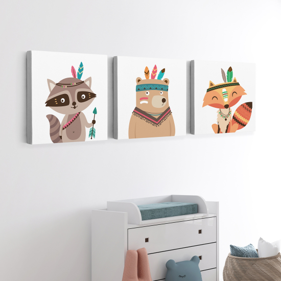 Lot de 3 Tableaux sur toile Triptyque Enfants - Animaux Indiens