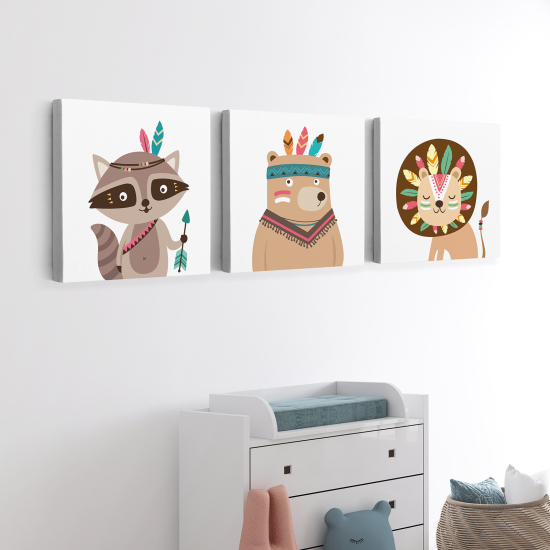 Lot de 3 Tableaux sur toile Triptyque Enfants - Animaux Indiens