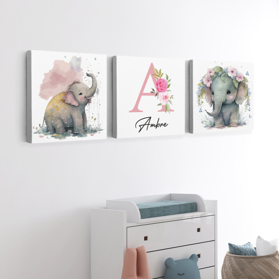 Lot de 3 Tableaux sur toile Triptyque Enfants - Éléphants