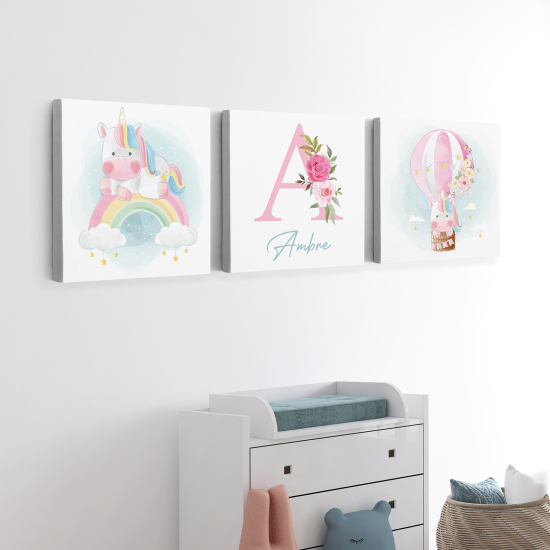 Lot de 3 Tableaux sur toile Triptyque Enfants - Licornes