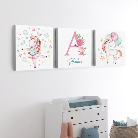 Lot de 3 Tableaux sur toile Triptyque Enfants - Licornes