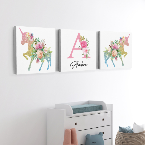 Lot de 3 Tableaux sur toile Triptyque Enfants - Licornes Fleurs