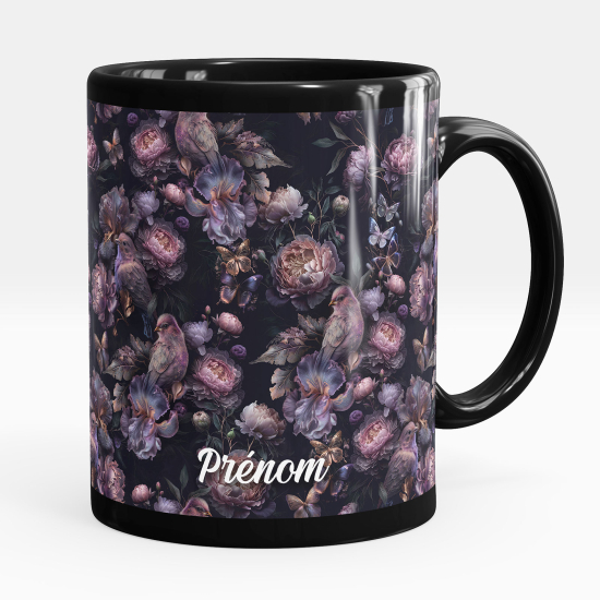 Mug - Tasse personnalisée Noir intégral - Oiseaux fleurs