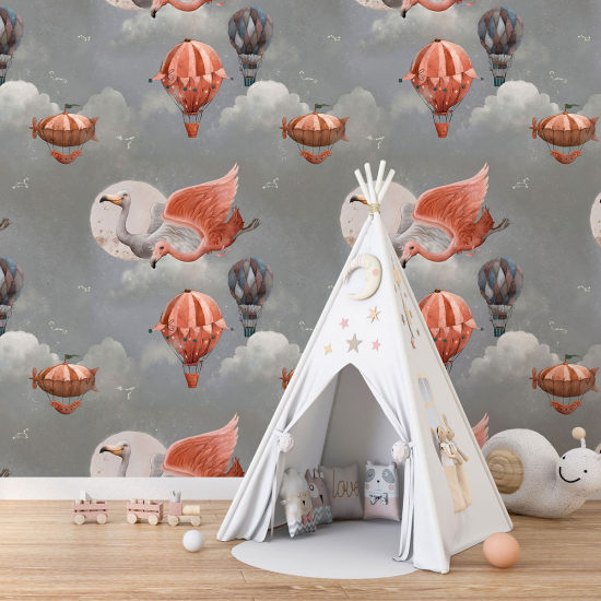 Papier peint motif XL Enfants - Montgolfières Flamants Roses