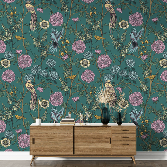 Papier peint motif XL - Fleurs Oiseaux