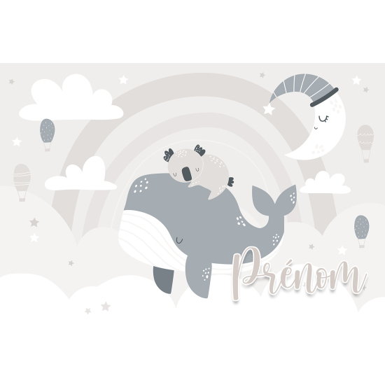 Papier peint panoramique enfant avec prénom personnalisable - Baleine Koala - 3421