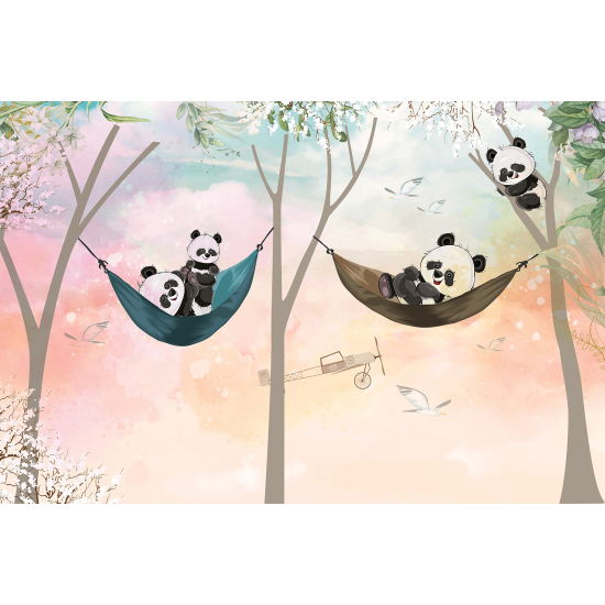 Papier peint panoramique Enfants - Pandas Hamacs