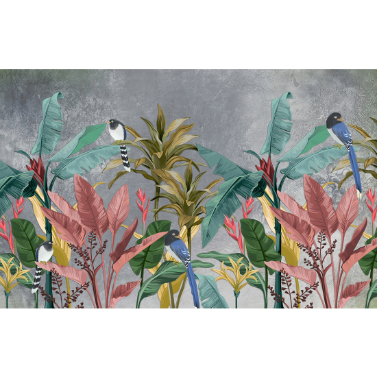 Papier peint panoramique - Feuilles Tropicales Oiseaux