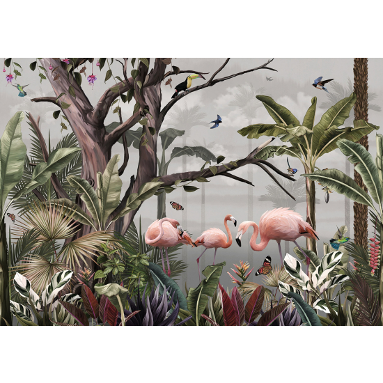 Papier peint panoramique - Forêt Tropicale Flamants Roses