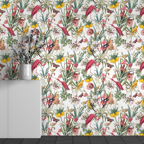 Papier peint panoramique - Motif Fleurs Flamants Roses