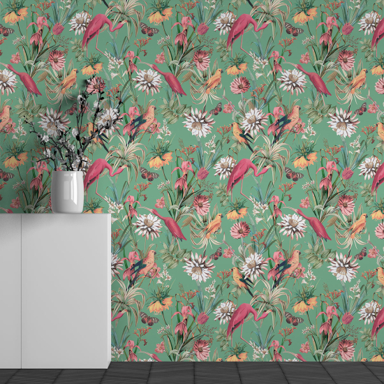 Papier peint panoramique - Motif Fleurs Flamants Roses