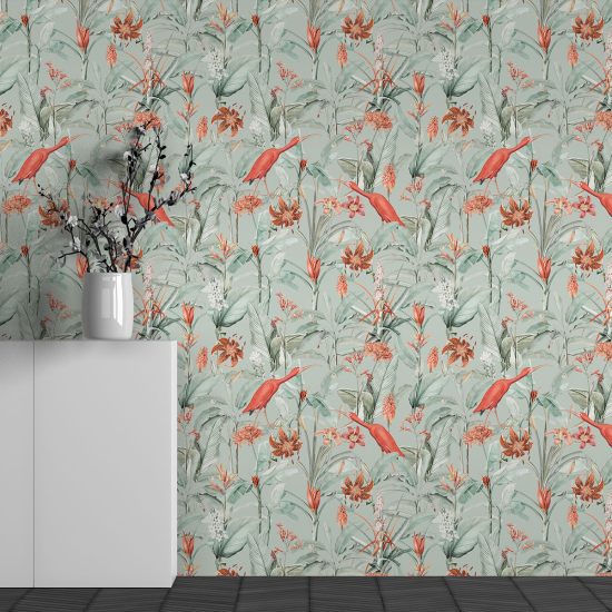 Papier peint panoramique - Motif Fleurs Flamants Roses