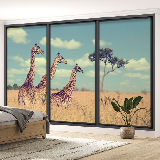 Papier peint panoramique Trompe l'œil baie vitrée - Girafes