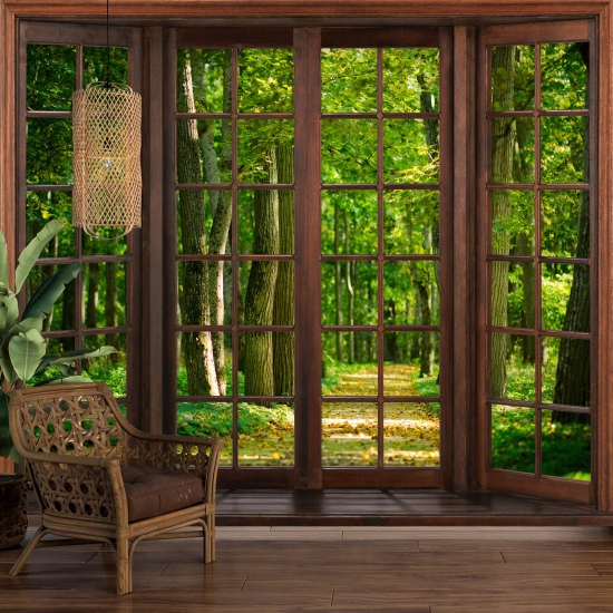 Papier peint panoramique Trompe l'œil Fenêtre en bois - Forêt