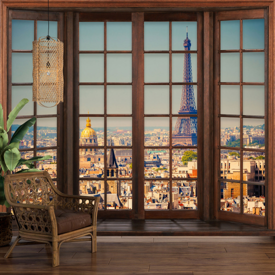 Papier peint panoramique Trompe l'œil Fenêtre en bois - Paris tour eiffel