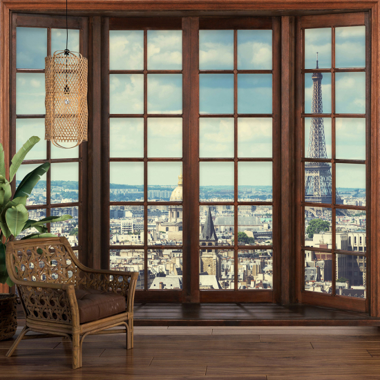 Papier peint panoramique Trompe l'œil Fenêtre en bois - Paris tour eiffel