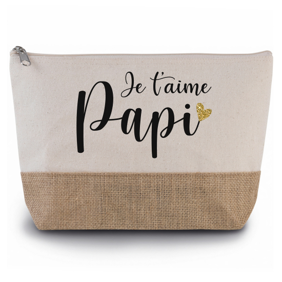 Pochette en toiles de coton et jute - Je t'aime papi