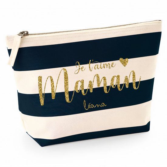 Pochette Nautical a rayures bleues foncées avec Écriture OR Pailletée - Je t'aime maman Prénom