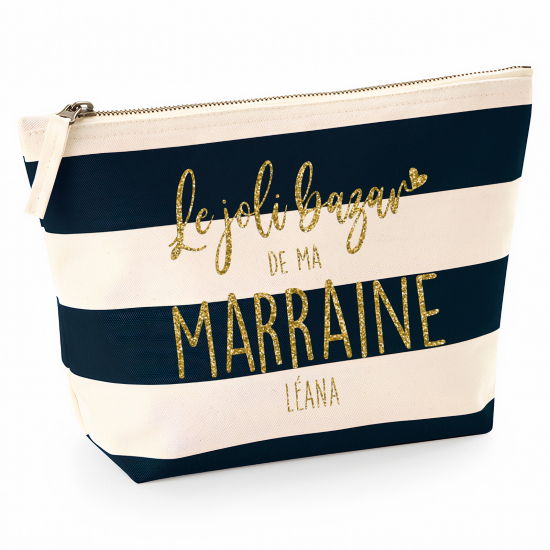 Pochette Nautical a rayures bleues foncées avec Écriture OR Pailletée - Le joli bazar de ma marraine Prénom