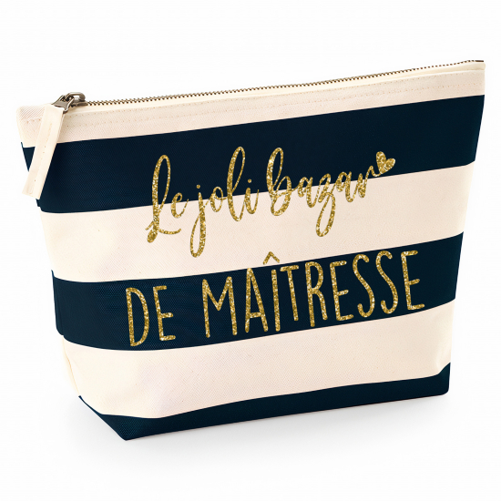 Pochette Nautical a rayures bleues foncées avec Écriture OR Pailletée - Le joli bazar de maitresse