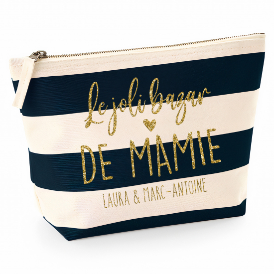 Pochette Nautical a rayures bleues foncées avec Écriture OR Pailletée - Le joli bazar de mamie Prénoms