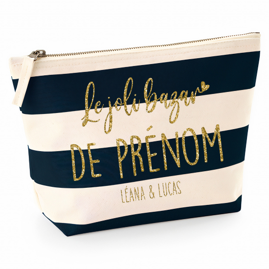 Pochette Nautical a rayures bleues foncées avec Écriture OR Pailletée - Le joli bazar de Prénom