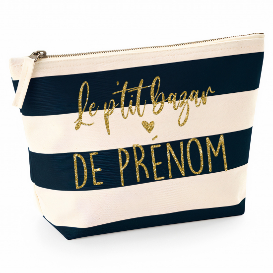 Pochette Nautical a rayures bleues foncées avec Écriture OR Pailletée - Le p'tit bazar de Prénom