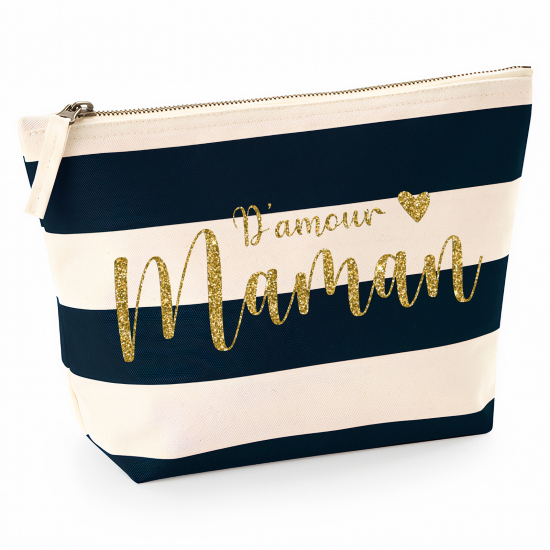 Pochette Nautical a rayures bleues foncées avec Écriture OR Pailletée - Maman d'amour