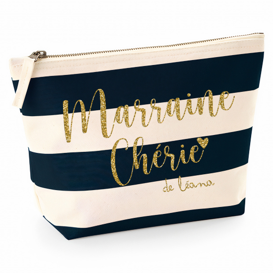 Pochette Nautical a rayures bleues foncées avec Écriture OR Pailletée - Marraine chérie de Prénom