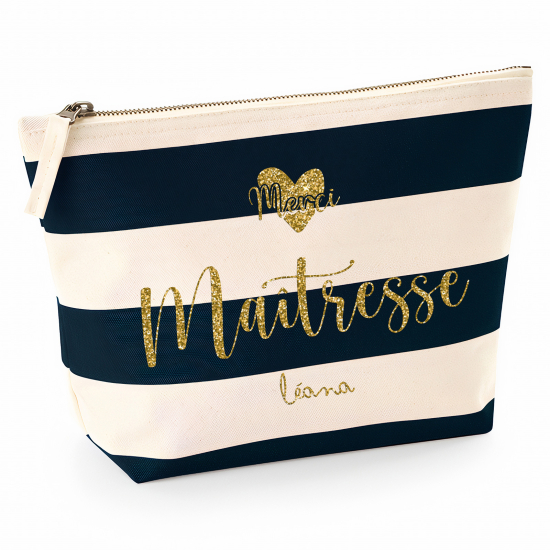 Pochette Nautical a rayures bleues foncées avec Écriture OR Pailletée - Merci maîtresse Prénom