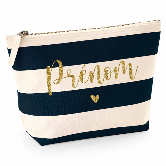 Pochette Nautical a rayures bleues foncées avec Écriture OR Pailletée - Prénom Cœur