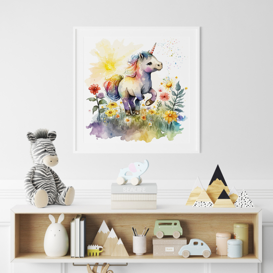 Poster / Affiche carrée Enfants - Bébé Licorne fleurs