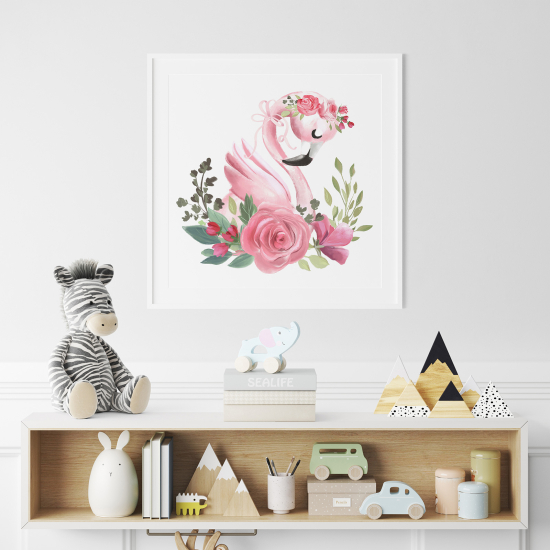 Poster / Affiche carrée Enfants - Flamant Rose fleurs