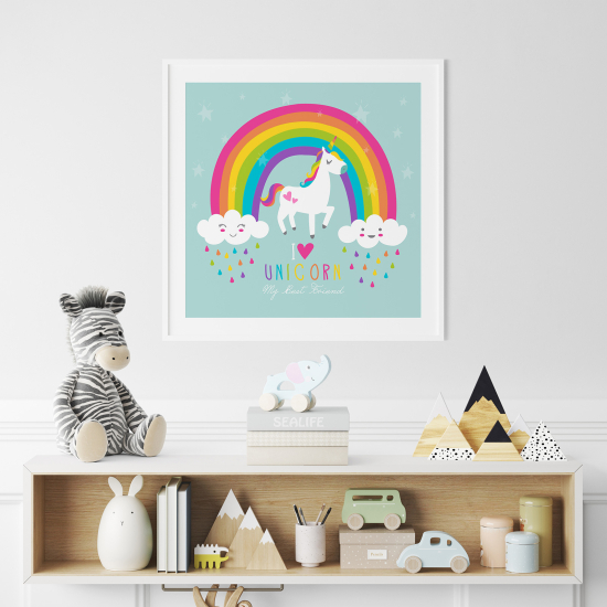 Poster / Affiche carrée Enfants - Licorne Arc-en-ciel